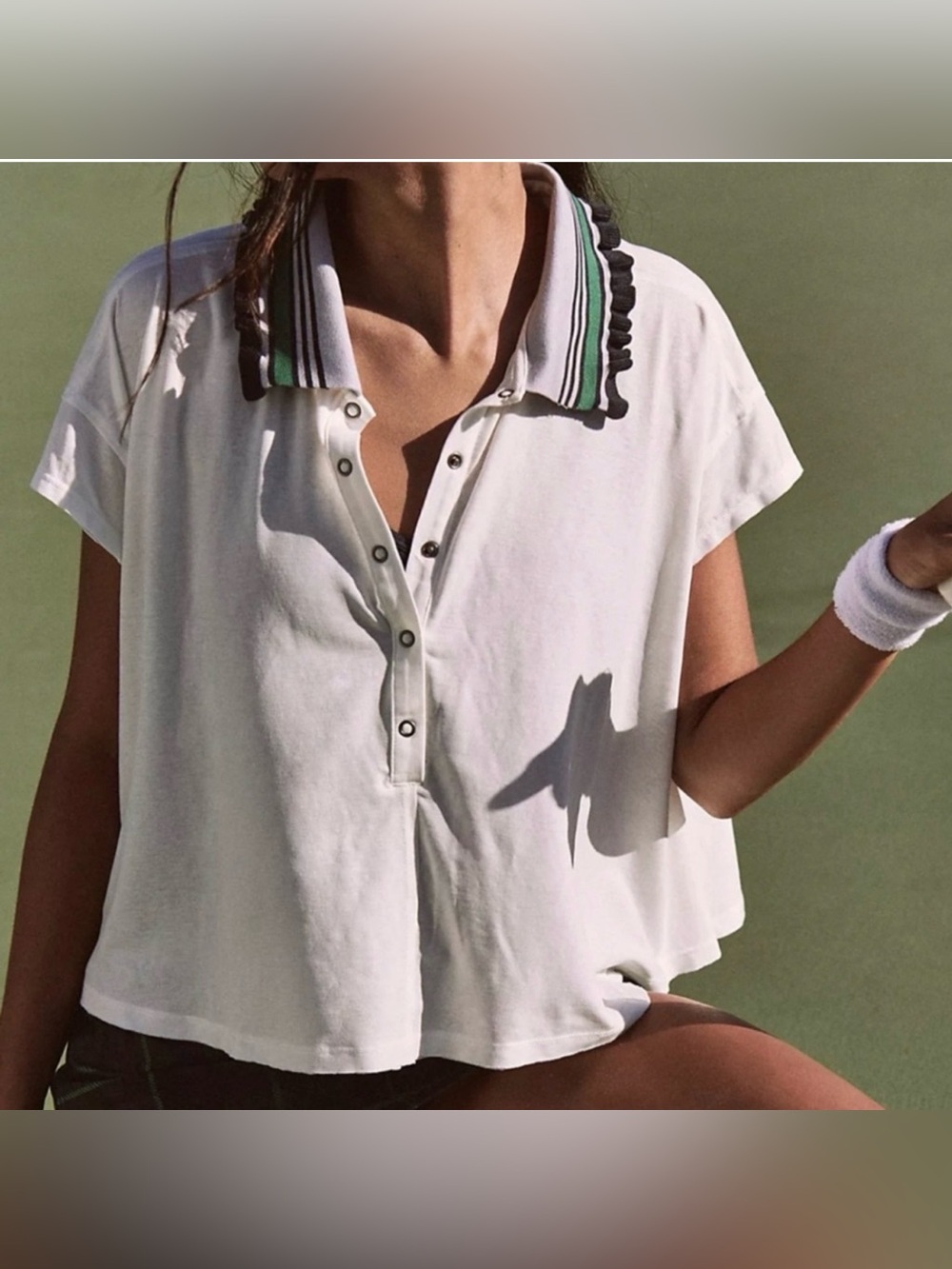 FP Movement Free People Time Out Retro White Polo Knit Ruffle Collar Flowy Top M